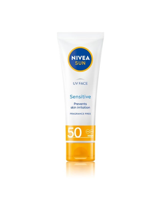 نيفيا كريم نيفيا صن للوجه الحساس بعامل حماية من الشمس SPF 50 (50 مل)، واقي شمسي يحمي من أشعة UVA/UVB وشيخوخة الجلد المبكرة، كريم واقي من الشمس للبشرة الحساسة للوجه. - Image 1